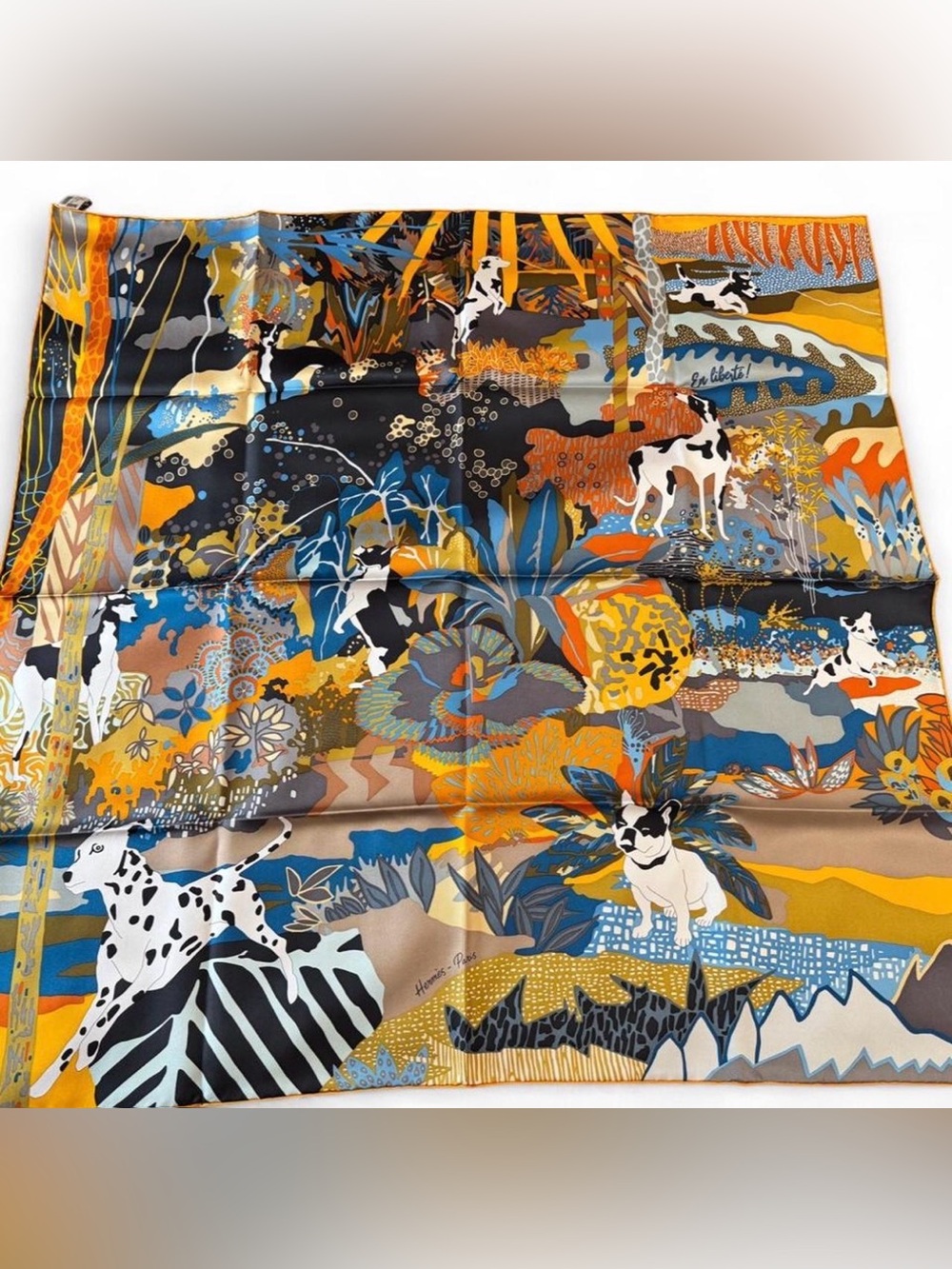 Hermes Scarf En Liberte 90 cm Silk Carre with Dog in Orange